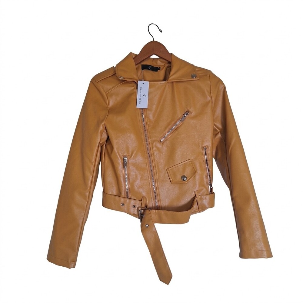 Carmen Mustard Yellow Faux Womens Belted Leather Moto Jacket Size M